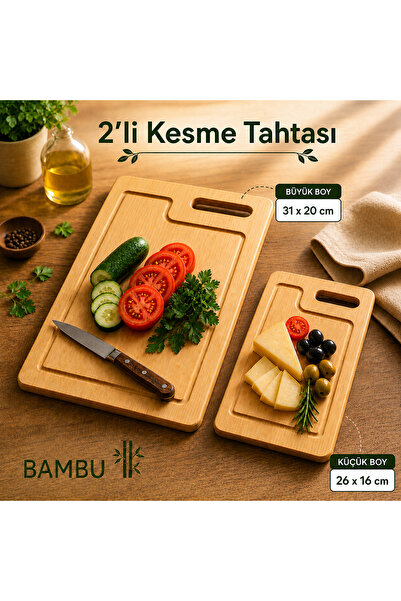 nagihome 2’li Bambu Kesme Tahtası Seti – Büyük & Küçük Boy Ahşap Doğrama Tahtası