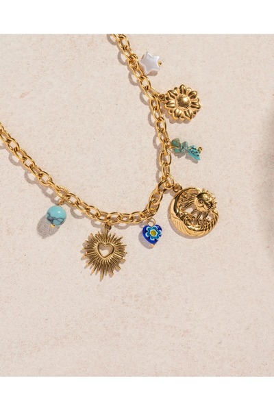 Haziran Accessory, Steel Coast Kiss the Sun, Gold Necklace with Charms