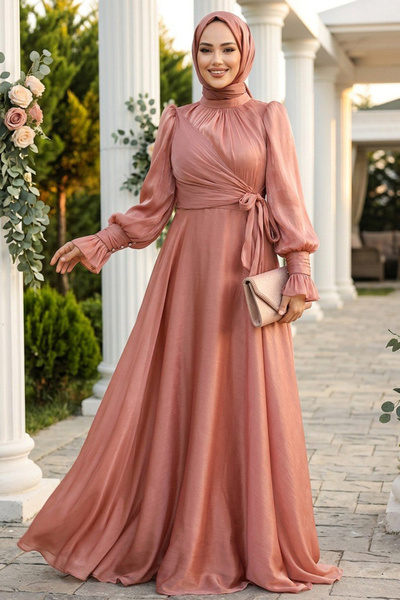 Neva Style فستان سهرة حجاب نحاسي مع تفاصيل ربطة عنق 48051BKR