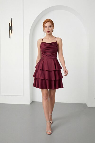 Lafaba Rochie de seară mini din satin, cu bretele subțiri, guler Degaje, pent...