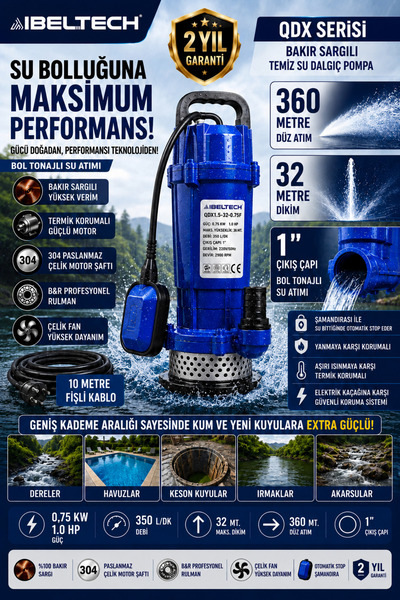 İBELTECH QDX SERİSİ BAKIR SARGILI ŞAMANDIRALI 1 HP TEMİZ SU DALGIÇ POMPA 36MT...