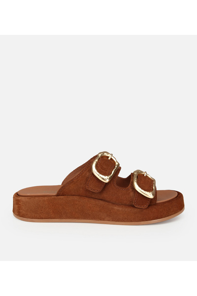 Hotiç Women's Suede Leather Tan Gold Buckle Flat Slippers