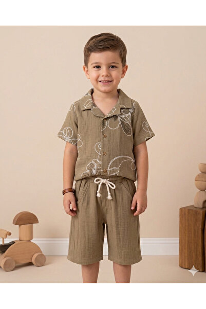 NS ATEİLER Muslin Double Boy's Set 100% Cotton Oversize Comfortable Summer Sh...