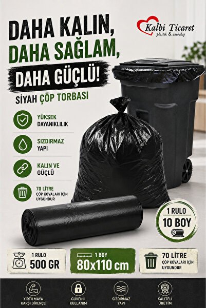 Kalbi Ticaret Kalın Çöp Torbası 10'lu Boy 500 gr X 1 Rulo Siyah Çöp Poşeti 80...