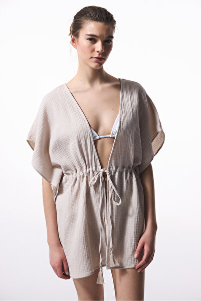Penti Taş Rengi Jambo Müslin V Yaka Mini Oversize Kaftan