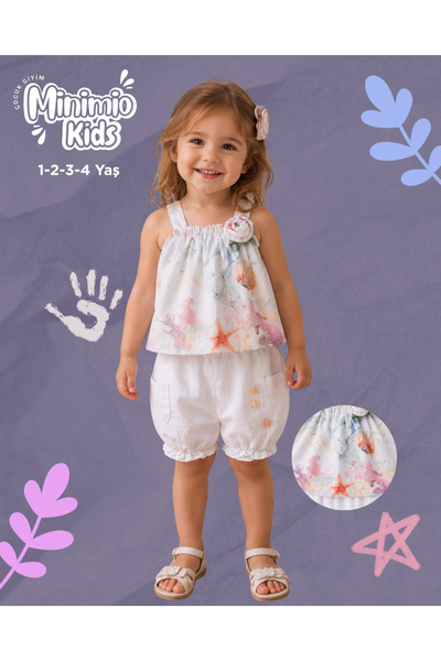 NS ATEİLER Girl's Summer Set Sea Breeze Collection Strappy Top and Shorts Cot...
