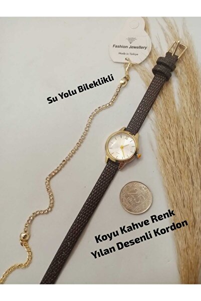 Brality Retro Round Design - Dark Brown Color Strap, Gold Color Case, White C...