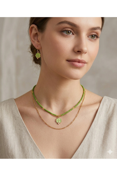 İPAR AKSESUAR Sand Beaded Chain Double Necklace & Earrings Set