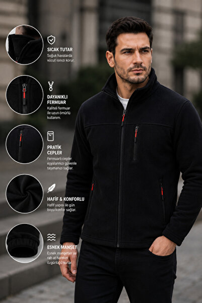 LUXIC CORE Men's Black Zippered Fleece Jacket Mock Neck Casual and Outdoor Use