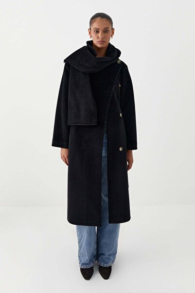 MARKALİSTE Long Cashmere Coat with Scarf Black