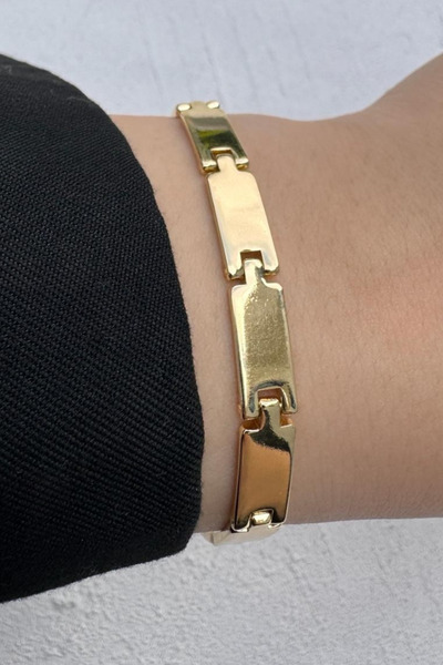 Leo'Stone Gold Dikdörtgen Link Minimal Plaka Tasarım Kadın Çelik Bileklik Altın Kararmaz Renk Atmaz