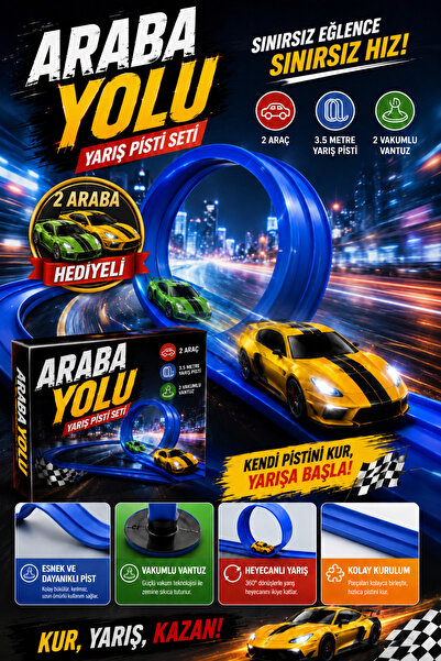 PAKİTO 2 Adet Hotwheels Metal Araba Hediyeli Mavi Renk Esnek Yarış Pisti Seti...