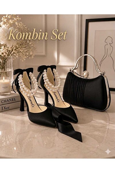 Famels Low Heel Shoes Black Satin Evening Dress Shoes and Rhinestone Evening ...