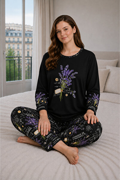 CALERA Kadın Büyük Beden Çiçek Desenli Uzun Kollu Pijama Takımı Rahat Kalıp G...
