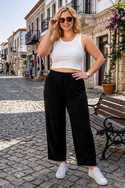 Women's Plus Size Comfort Model Elastic Waist Lycra Cotton Stretchy and Comfortable Wide Leg Pants