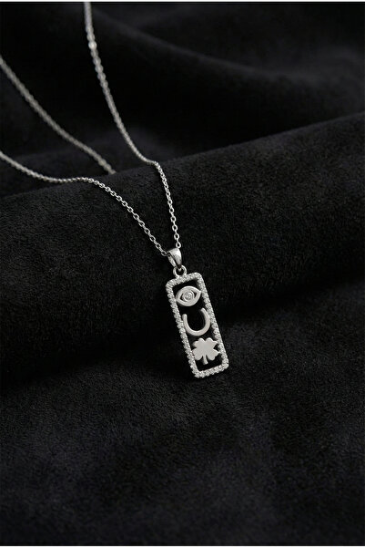 Roza Silver 925 Ayar Zirkon Taşlı Rodyum Renk Gümüş Şans Kolyesi