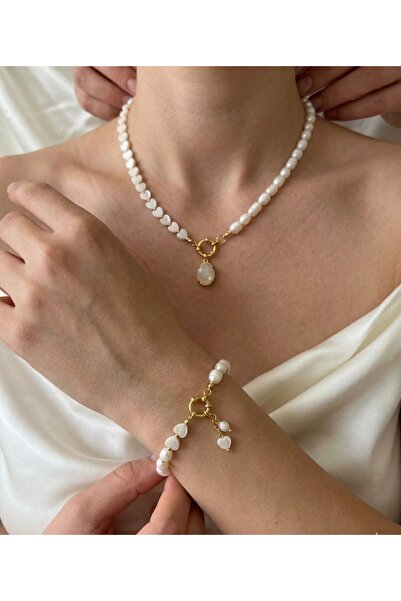 eyla collection Gerçek İnci & Doğaltaş Kadın Takı Seti – Kolye & Bileklik - (...