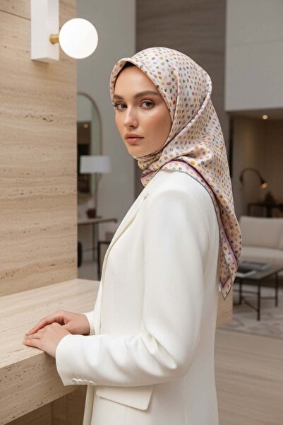 Vissona %100 Twill İpek Çıtır Desenli Krem - Pembe Renkli 90x90 Eşarp Dikim Ş...