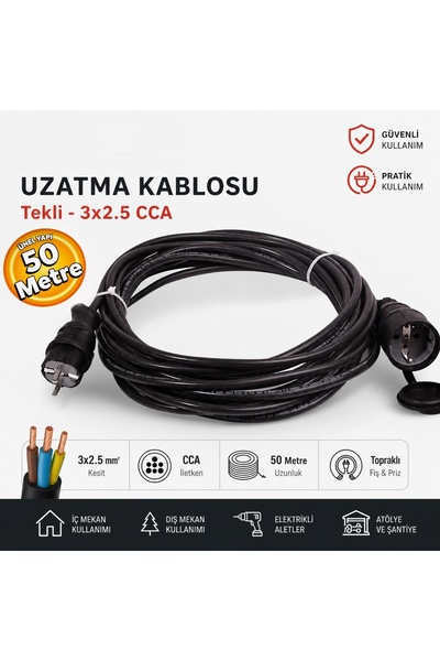 zimak 3x2,5 mm CCA Uzatma Kablosu Tekli 50 Metre