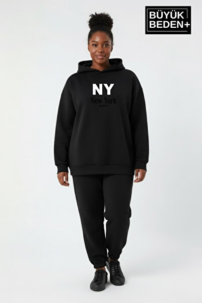 Süperlife سويت شيرت نسائي كبير الحجم بقلنسوة مطبوع عليه NY NewYork SPR26BSWK9...