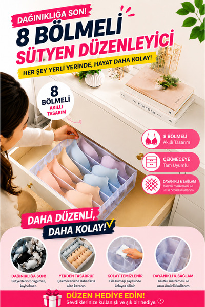 Özlem Toys Şeffaf Dolap Çekmece Içi Sütyen Düzenleyici (8 BÖLMELİ)