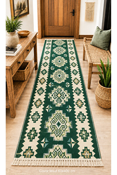 OEM Covor hol, țesut, față-verso, dimensiune 60 x 400 cm verde și crem, model...