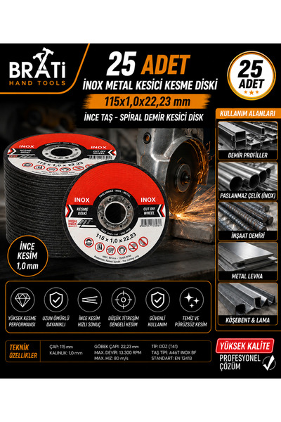 BRATİ HAND TOOLS İnox Metal Kesici Kesme Diski 115x1,0x22,23 mm İnce Taş Spir...