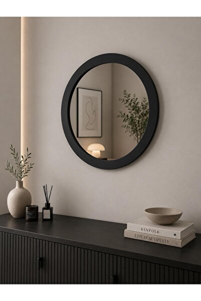 DFN WOOD Siyah Moderna 80x80 Cm Yuvarlak Duvar Salon Banyo Aynası