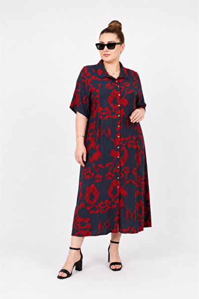 ELSEBUTİKTR Women's Plus Size Patterned Cotton Viscose Midi Shirt Dress