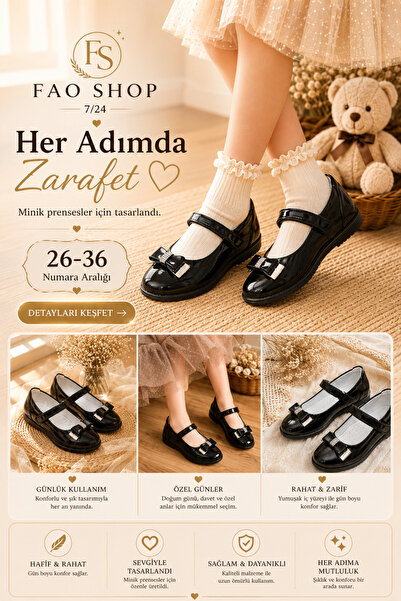 fao shop 7/24 Girl's Black Ballerina Shoes, Size 26, Orthopedic Sole, Strappe...