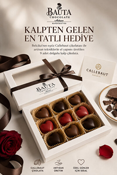 BAUTA Chocolate Artisan El Yapımı Belçika Çikolatalı 9'lu Dolgulu Kalp Çikolata Hediye Kutusu