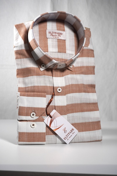elitpark Men's Brown-White Striped Button-Down Collar 100% Cotton Long Sleeve...