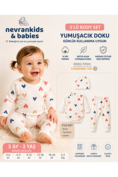 nevrankids Kız Bebek Renkli Kalpli Krem 3'lü Badili Takım
