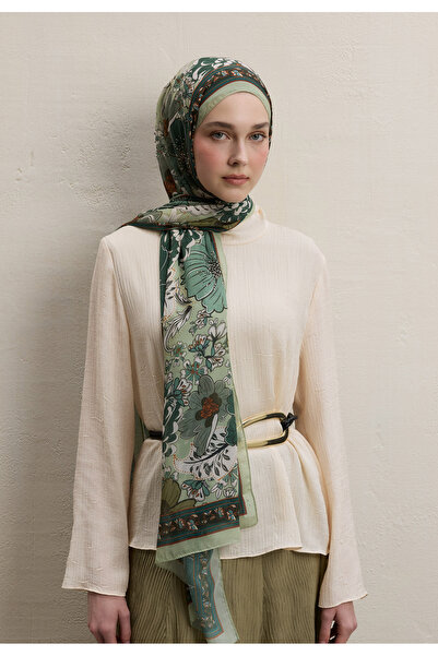 Freshscarfs Dahlıa Desen İpek Krep Şal Haki