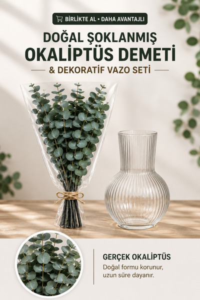 Bontia Şoklanmış Gerçek Okaliptüs Demeti– 4 Ana Dal + Yan Dallı Büyük Demet O...