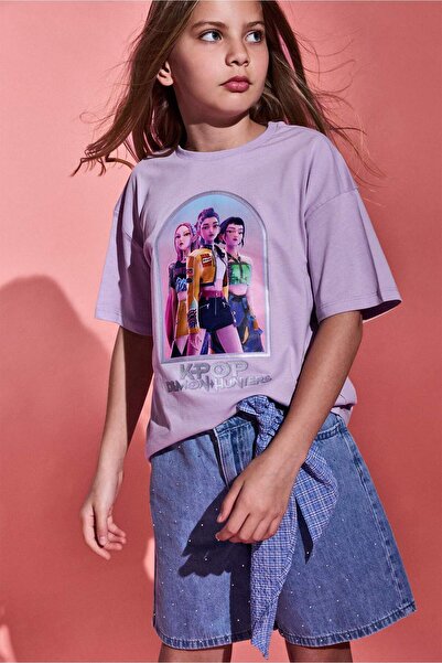 DeFacto Kpop - Tricou cu mânecă scurtă Demon Hunters, supradimensionat, cu gâ...