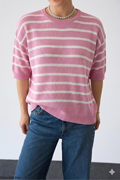 EGEMS Women's Turquoise Short-Sleeved Striped Stylish Summer Sweater