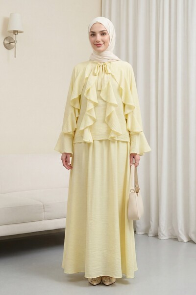 Modamorfo Lined Tulle Modal Set with Tie Collar and Ruffle Detail - Light Yellow