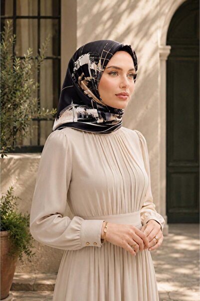 Vissona % 57 İPEK % 43 VİSKON Twill İpek Geometrik Desenli Bej - Gri Renkli 9...