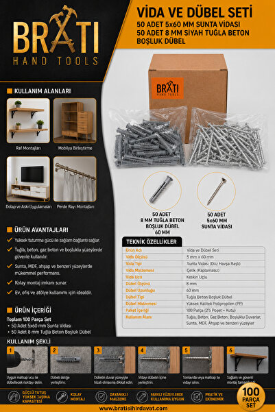 Genel Markalar Vida ve Dübel Seti 50 Adet 5x60 mm Sunta Vidası ve 50 Adet 8mm...