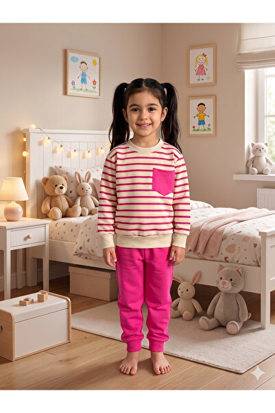 Fil Kids Țesătură din bumbac pentru fetiță Culoare bej Model cu dungi roz Set...