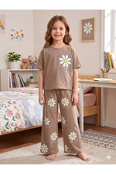 Pijamakids Κοριτσίστικο σετ φόρμας 100% βαμβακερό μπεζ χρώματος με λουλουδάτο...