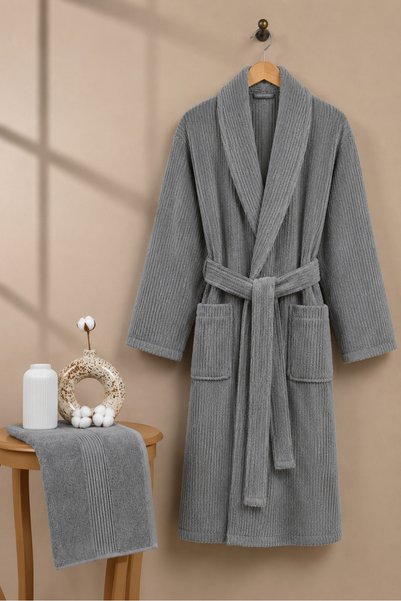 Ellaline Striped Bathrobe Set 100% Cotton Certified 2 Pieces, Shalyaka Bathrobe and Head Towel Set Gray
