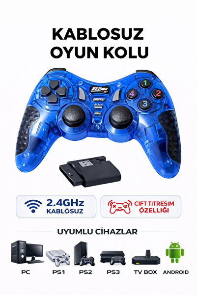Kablosuz Oyun Kolu 2.4GHz – PC, PS1, PS2, PS3, TV Box ve Android Uyumlu – Çift Titreşimli Gamepad