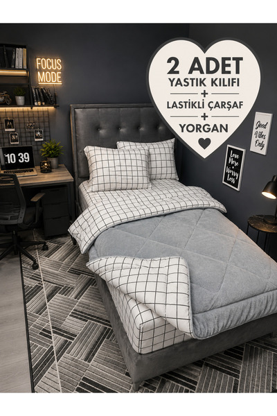 Violacasa Tek Kişilik Welsoft Pufidik Uyku Seti (Lastikli Çarşaflı) Beyaz Kare