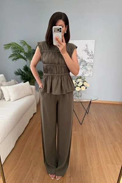 SHILSEE BEUTİQUE Women's Ribbed Tencel Fabric Blazer and Pants Set Khaki