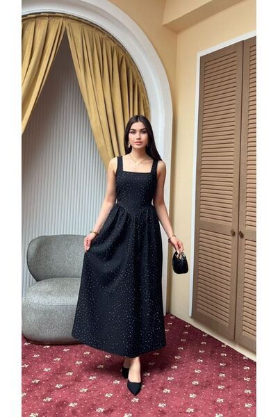 Moda Banuş Taş Baskılı A Kesim Bağcıklı Siyah Elbise