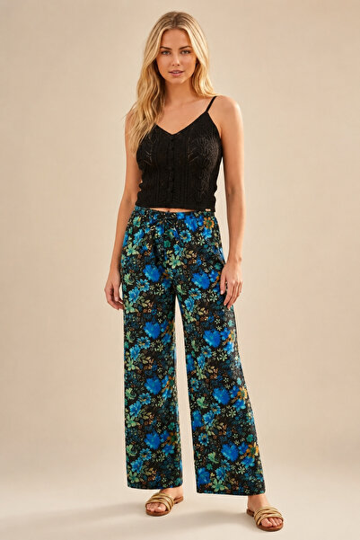 Cassime Women's Blue Floral Black Palazzo Wide Leg Linen Trousers