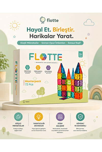 Meleni Toys FLOTTE 72 PARÇA MANYETİK YAPI BLOKLARI MIKNATISLI RENKLİ 3 BOYUTL...