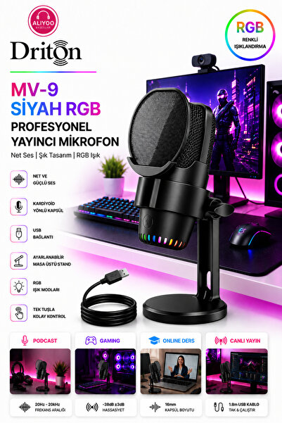 DRİTON Driton Mv-9 Siyah Rgb Usb Oyuncu Yayıncı Ve Podcast Için Uyumlu Conden...